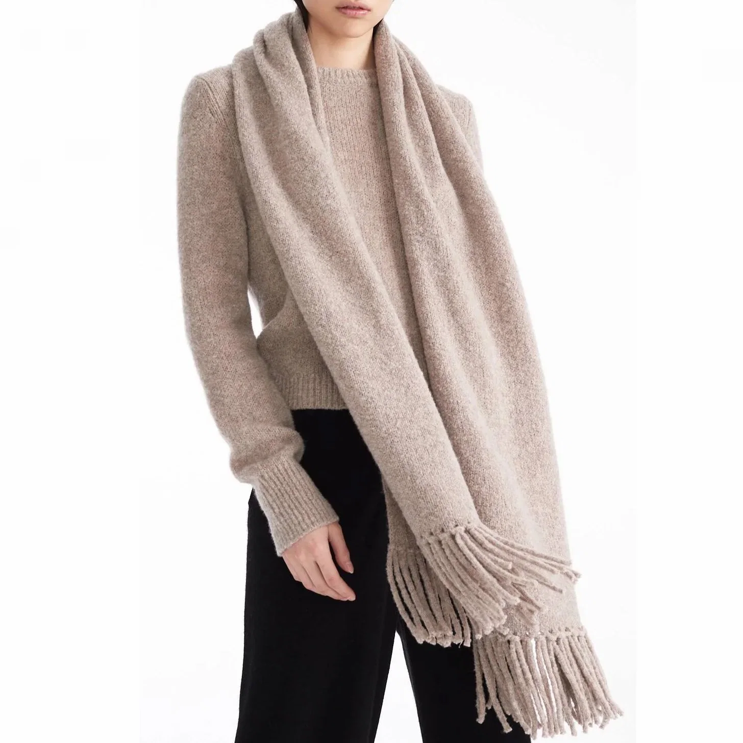 Pure Cashmere Knitted Ladies Fashion Winter Apparel Accessories Scarf with Fringe