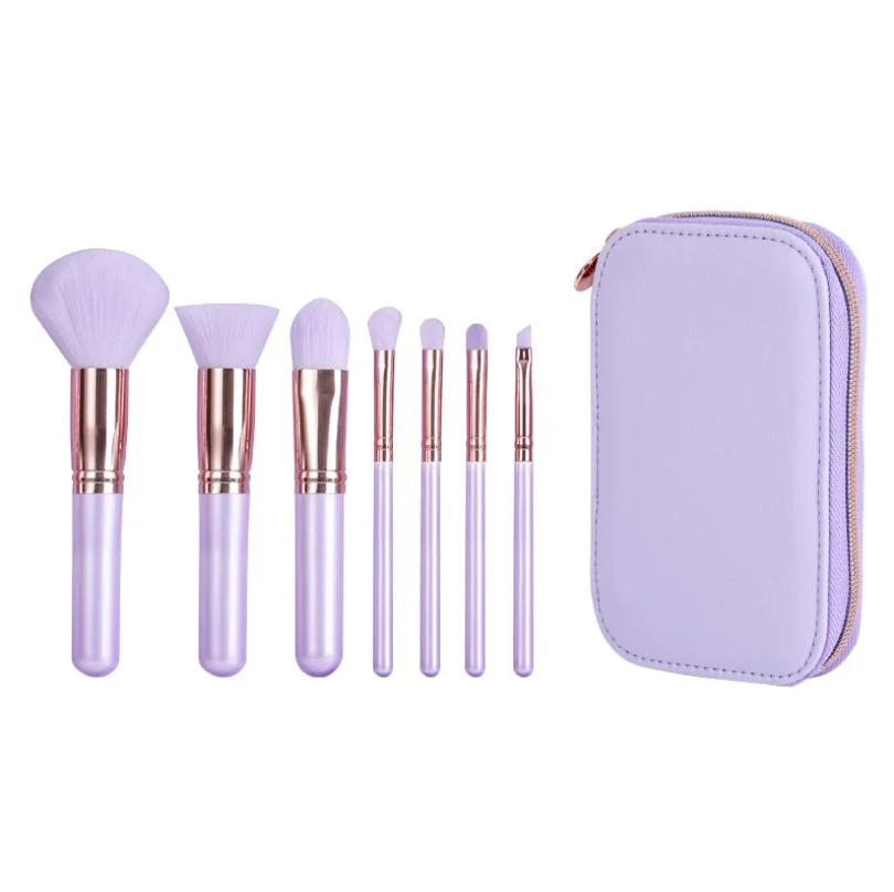 7PCS Pink Custom Face Cosmetic Makeup Brush Set Synthetic Hair Nylon Bristles Purple Makeup Brush Set with Bag