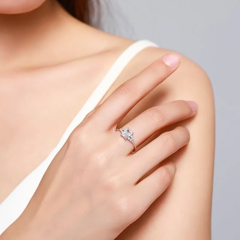 Declaración de compromiso de boda de lujo anillo Rodio forma cuadrada de moda CZ 925 Sterling anillo de Plata regalo para ella