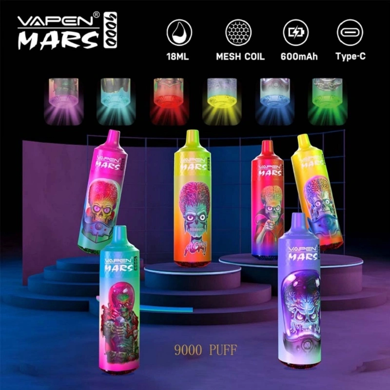 Factory Wholesale/Supplier Tornado 9000 Puffs Disposable/Chargeable Vape Pen 0% 2% 5% Flashing RGB Huge Vapor 9K Vapen Mars 850mAh Type-C Rechargeable Disposable/Chargeable Mini vape