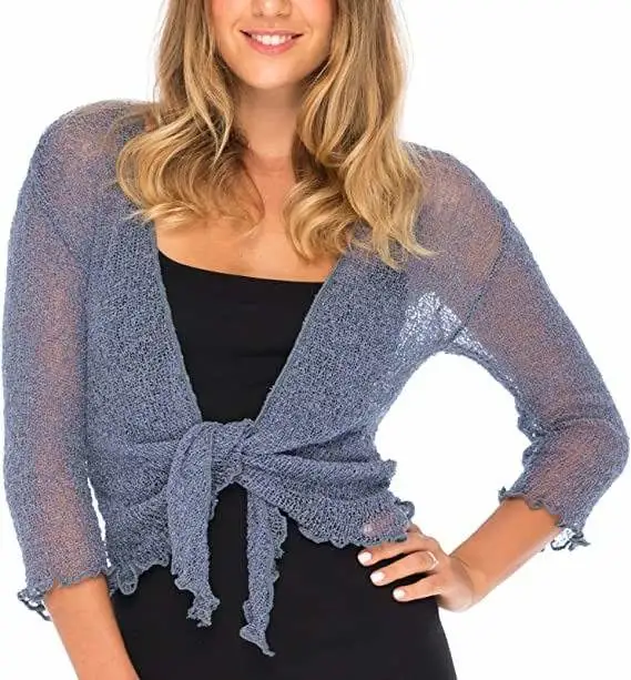 Women Solid Color Ribbed Long Sleeve V Neck Knit Shrug Tie Cardigan