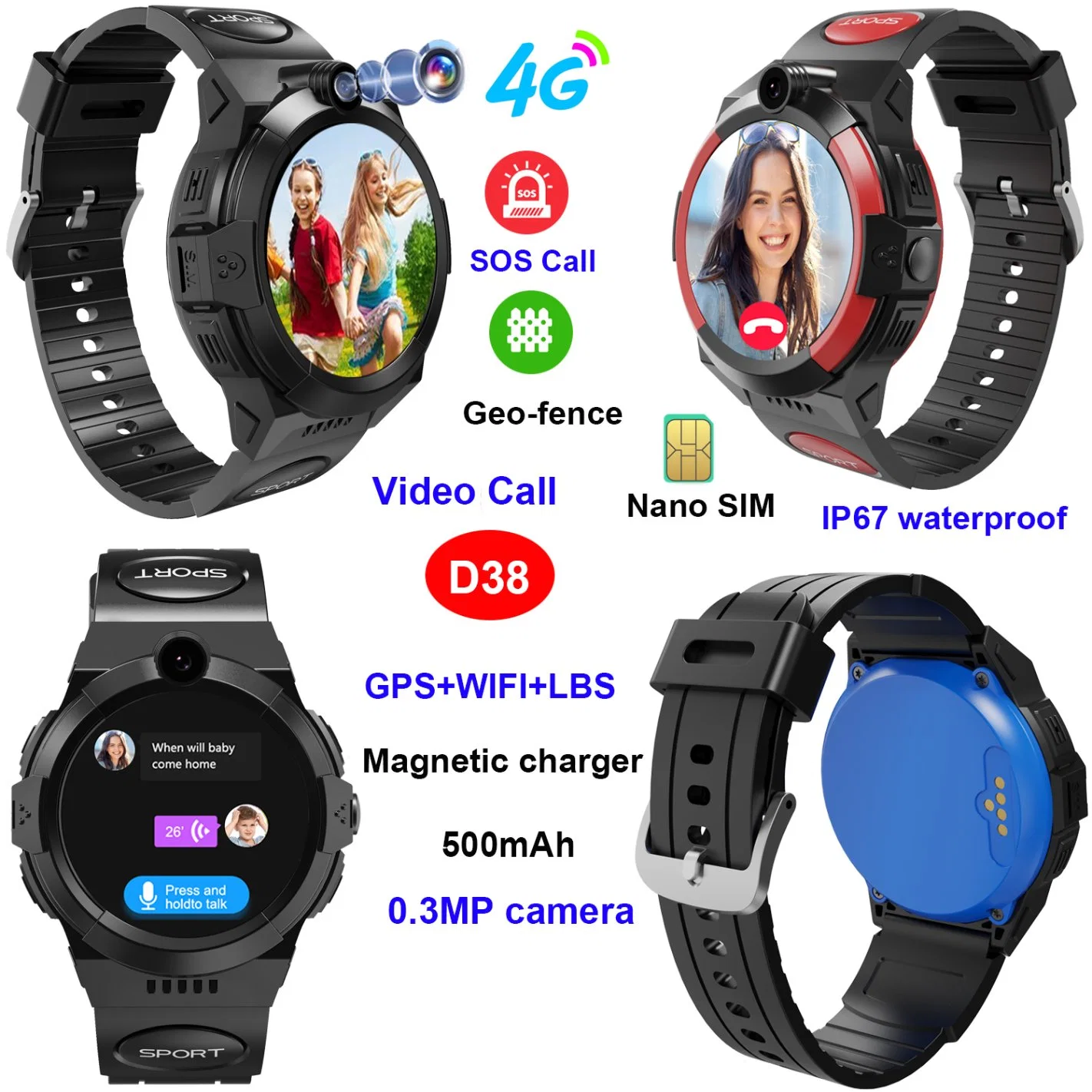 Fashion 4G IP67 Water resistance Parental Control round screen Students Child Watch GPS tracking with free global Two Way Video Call for Kids D38