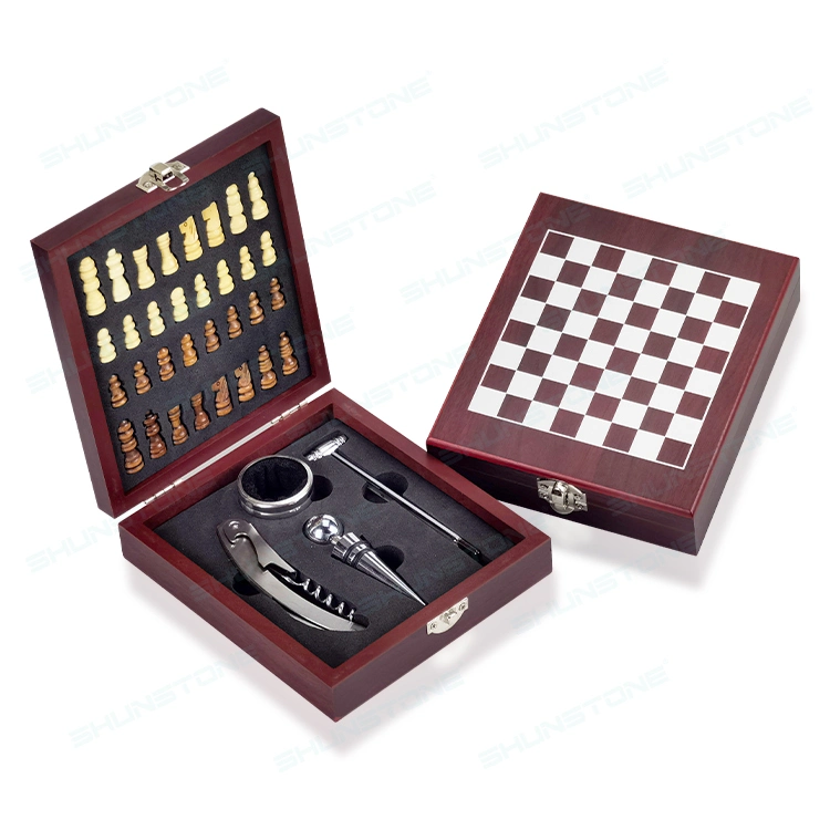 Stainless Steel Wine Corkscrew Opener Gift Set with Chess Wine Accessories Bar Tools Wooden Box
