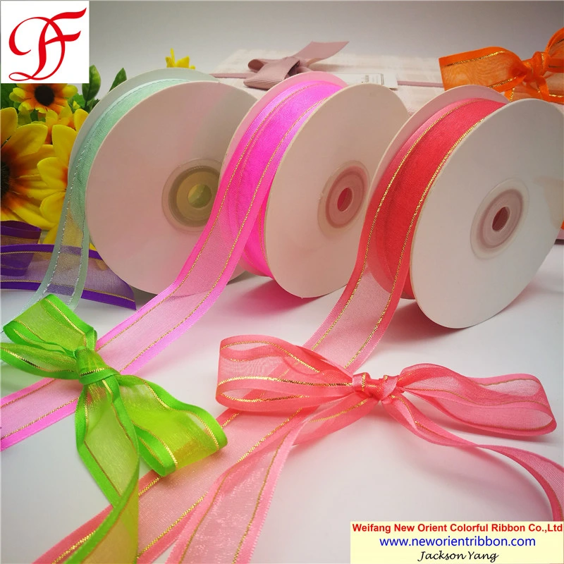 Original Factory 100% Nylon Satin Edge Organza Ribbon with Gold/Silver Trims for Wrapping/Decoration/Xmas/Bows/Garment/Gift/Party Decoration