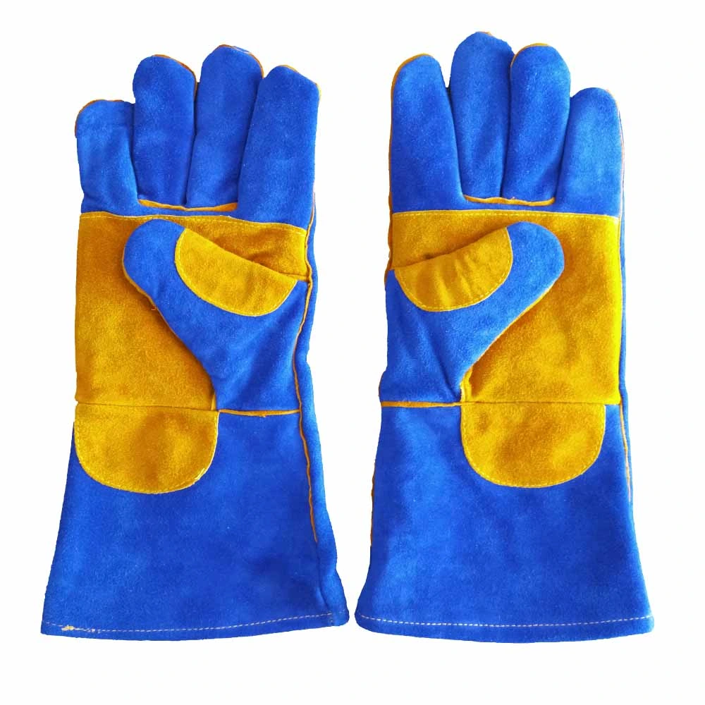 Hot Selling Sapphire Blue Double Palm Cow Split Leather Welding Gloves