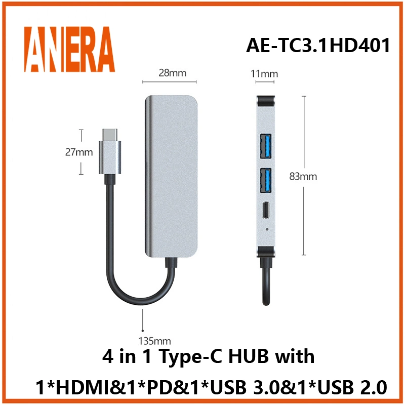 Anera High Performance 4 in 1 Multifunction USB C Portable Type C Hub Adapter Hub Converter with 3.0/2.0 USB Hub Pd Charging and HDMI