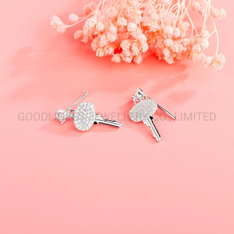 New S925 Sterling Silver Key Full Diamond Earrings