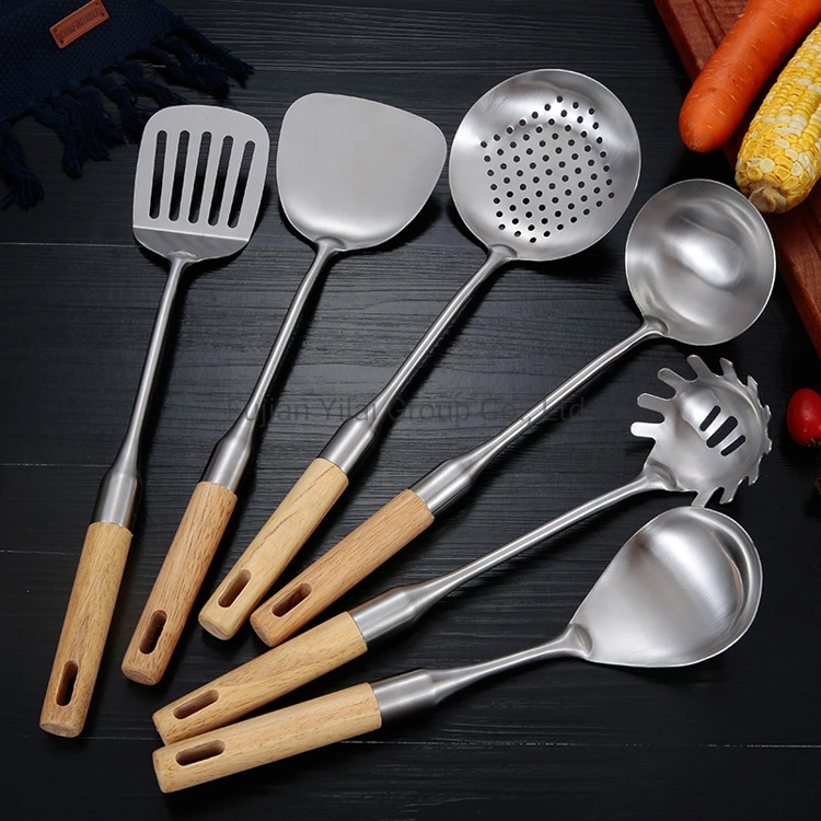 Kitchen Utensil Set 6 PCS Premium Cooking Tools with Wood Handles Pasta Fork, Soup Ladle, Turner, Slotted Turner