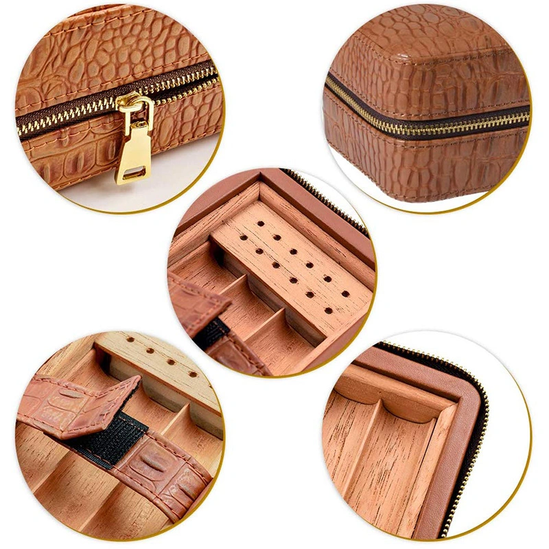 Cuero humidor de cigarros humidor de cigarros puros viaje caso forrado con madera de cedro humidificador bandejas desmontables gotero Funda caja de regalo