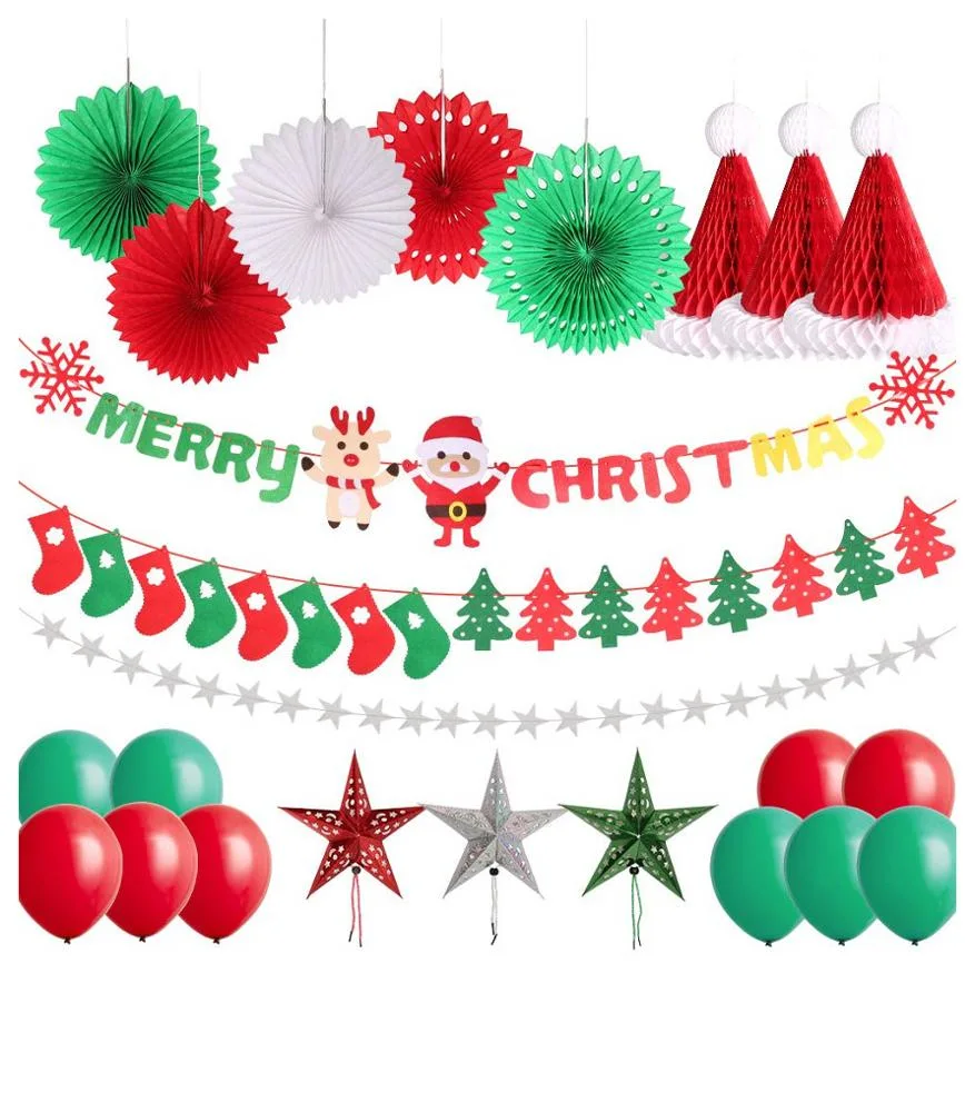 Feliz Navidad Banner fiesta de Navidad decoración suministros Hat estrellas Garland Bunting abanicos de papel de árbol de Navidad panal.