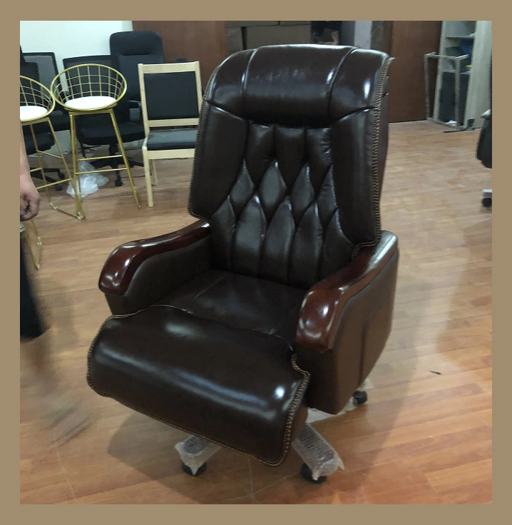 Luxury High Back PU Boss Manager Executive Vintage Over Sized Brown Office Faux Reclining Desk Wooden Office Swivel Reclining Genuine Leather Chairs