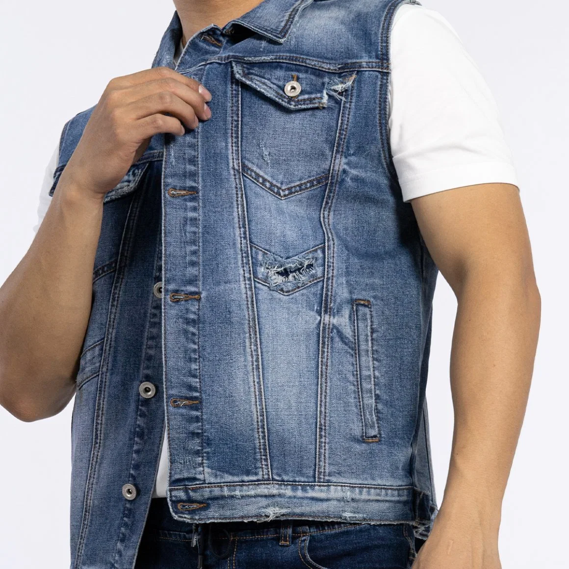 Custom Fashion Collar Down Embroidery Back Vest Pocket Men Sleeveless Denim Jacket