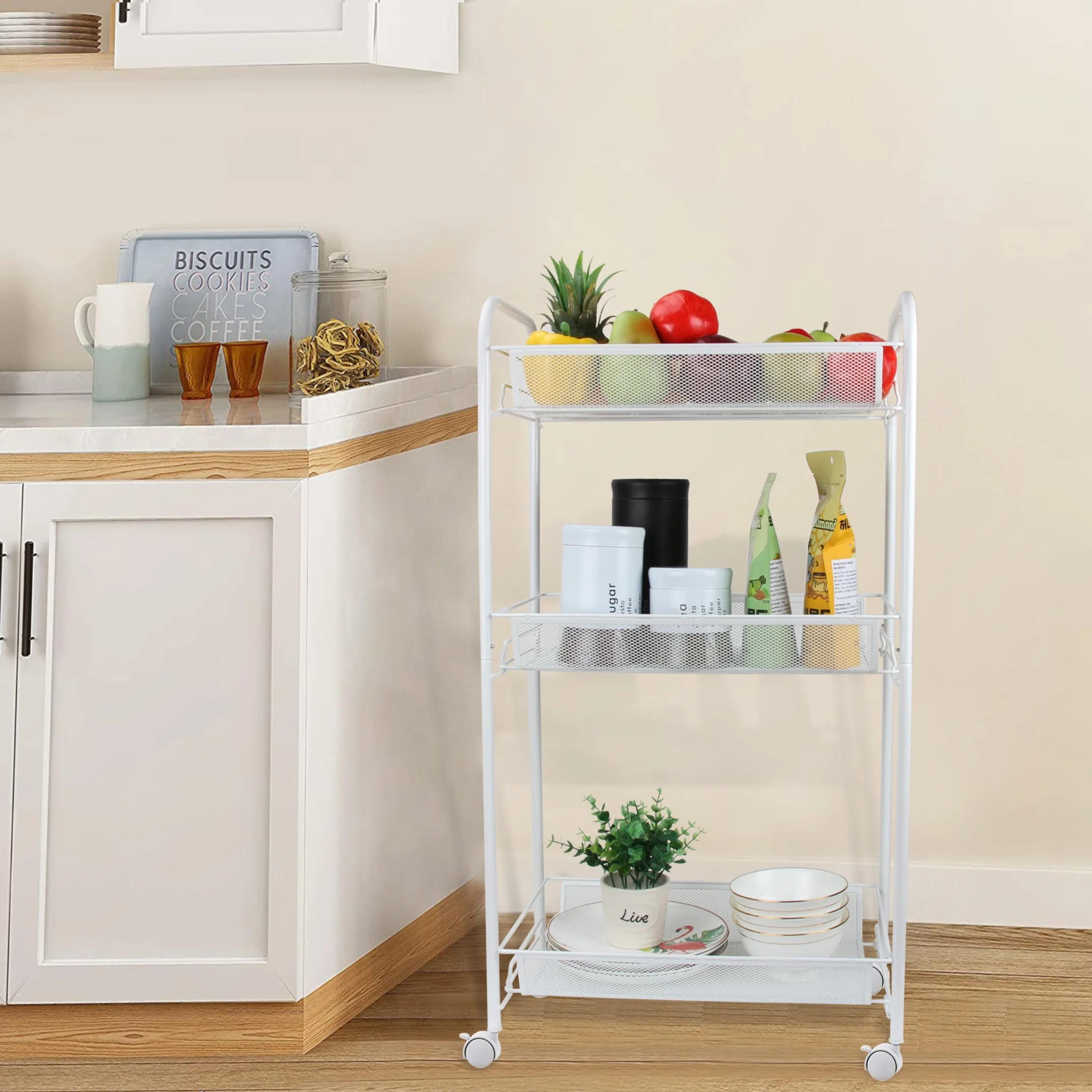 Home Use 3 Tier Metal Mesh Utility Rolling Cart Kitchen Wire Vegetable Basket Storage Trolley