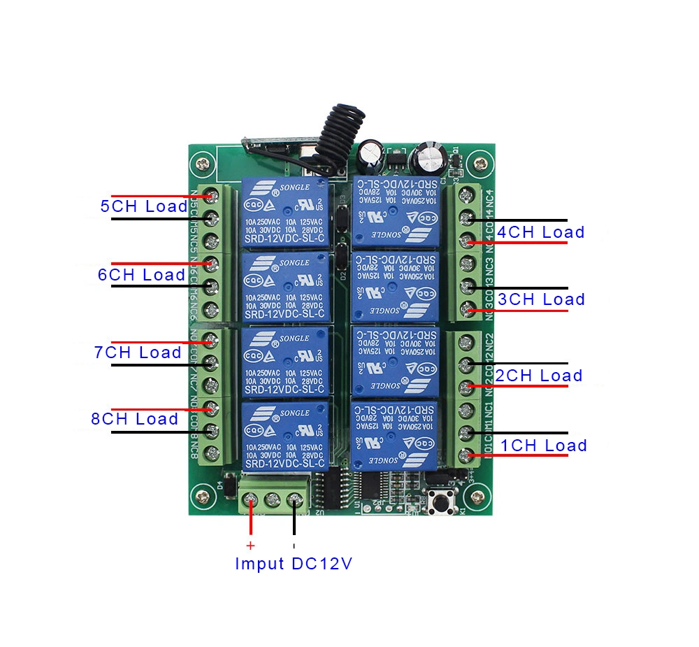 8-канальный модуль реле постоянного тока беспроводной 433 МГц РЧ-пульт дистанционного управления Передатчик и плата приемника управляющего переключателя