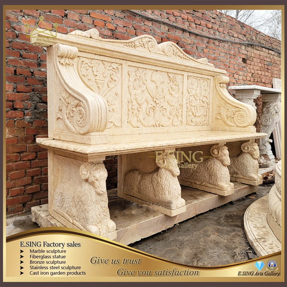 Hand Carved Natural Stone Outdoor Garden Beige Marble Stone Bench Seat Chair