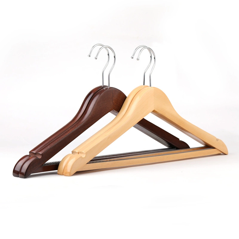 High-Quality Hotel Wooden Hangers of Solid Wood in Natural/Dark/Cherry Finish with Metal Chrome Hook or Bottom Bar for Coat/Suit/Shirt for Luxurious Hotels