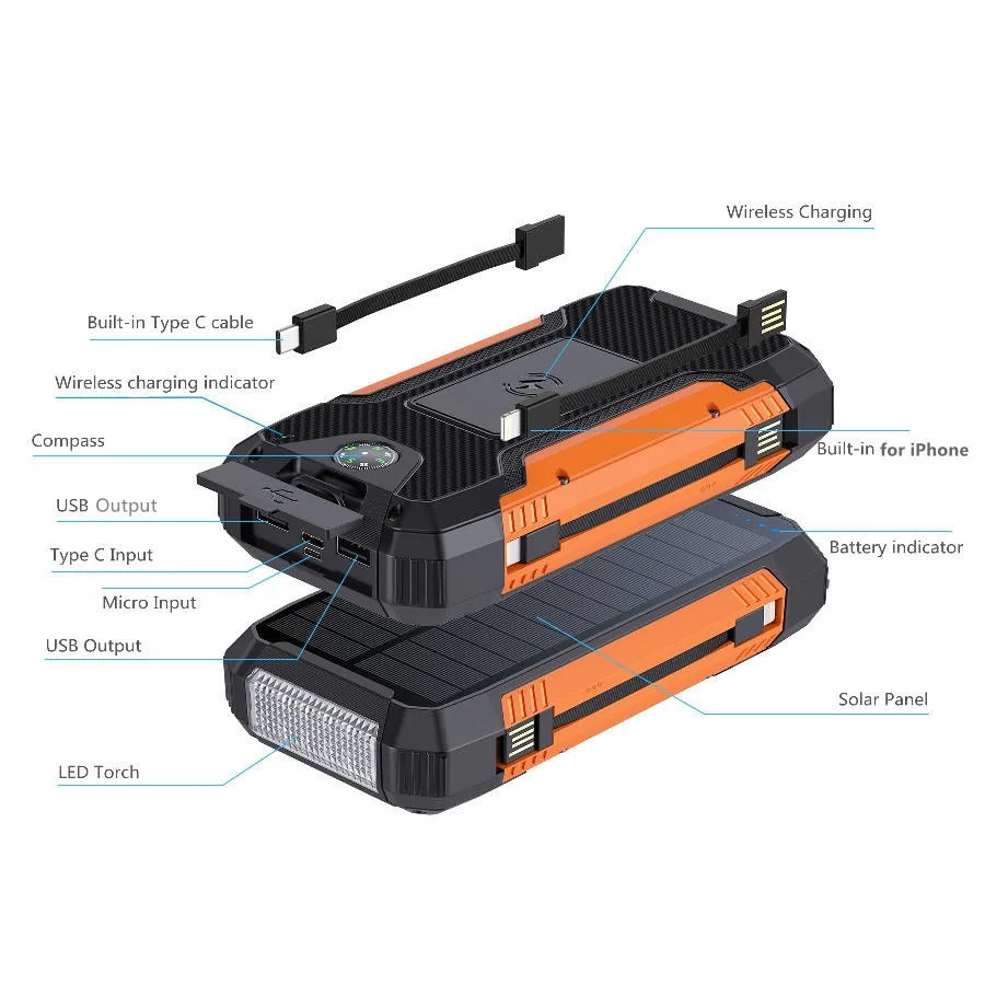 Amazon Camping Solar Power Bank Mobile Phone carregador sem fios Power Bateria solar de 20000mAh com bússola