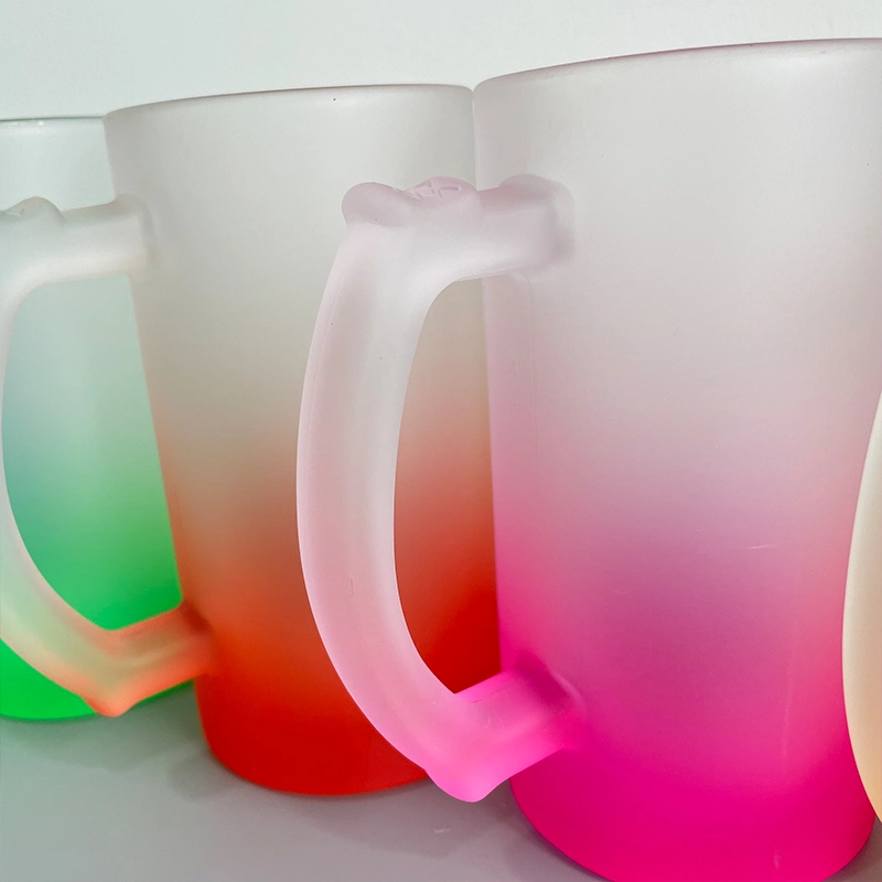 USA Warehouse 16oz Ombre Color Gradient Colorful Iridescent Glitter Rainbow Pint Blank Sublimation Frosted Beer Glass Mugs with Handle for Iced Coffee