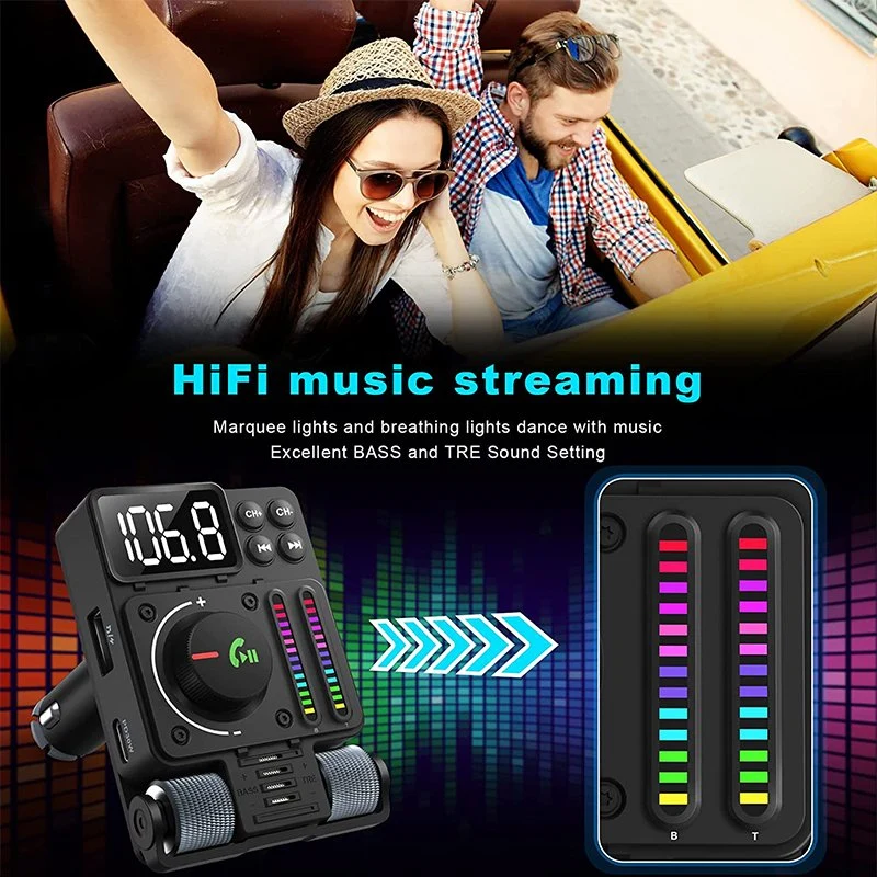 Bluetooth Car Adapter Bluetooth 5.3 FM Transmitter, Pd 30W Type C Fast Charge & USB Port, HiFi Treble & Bass Player, Color Screen & Music Light Bar