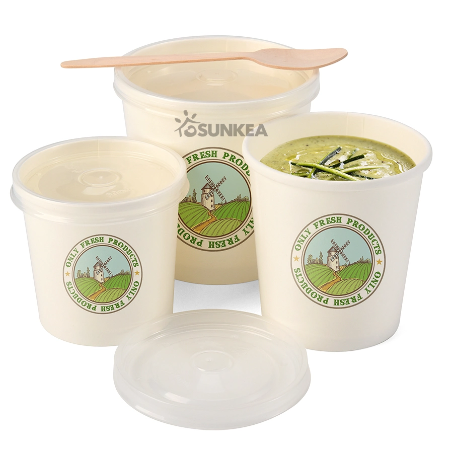 Custom Printed Biodegradable Paper Disposable Food Grade White Soup Tub with Lid