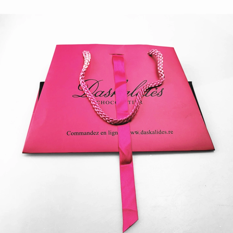 Lovely Ribbons Handle Pink Coffee Cmyk Printing Logo Rope Jewelry Paper Bag