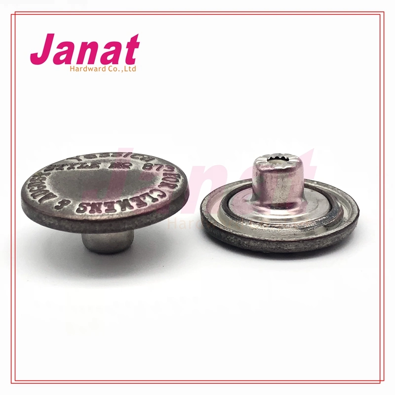 Embossed Logo Copper Tin Color Shank Button Fitting with Screw Aluminum Kata