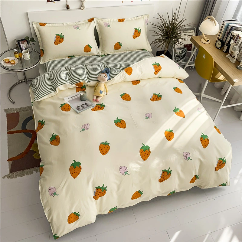 100% Cotton Cartoon Printed 4PCS Bedding Sets Plaid Stripe King Size Duvet Cover Set Single Double Queen Bed Sheets