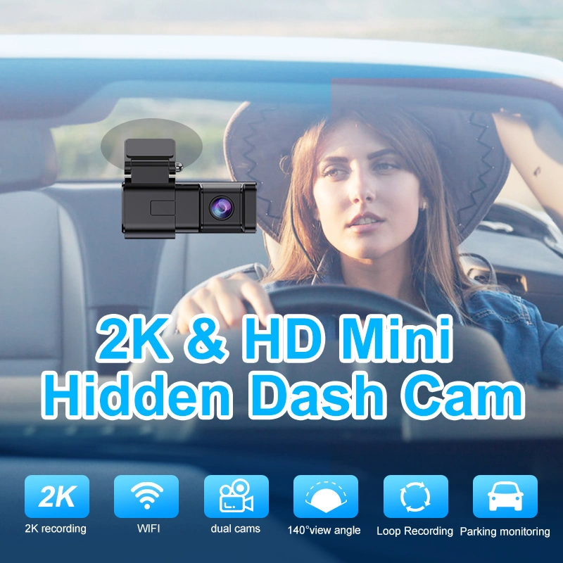 Câmara de vídeo Dashcam Mini 2K Wi-Fi oculta para câmara de tablier Câmara Câmara de tablier para automóvel Câmara de marcha dianteira e traseira DVR Car Black Box