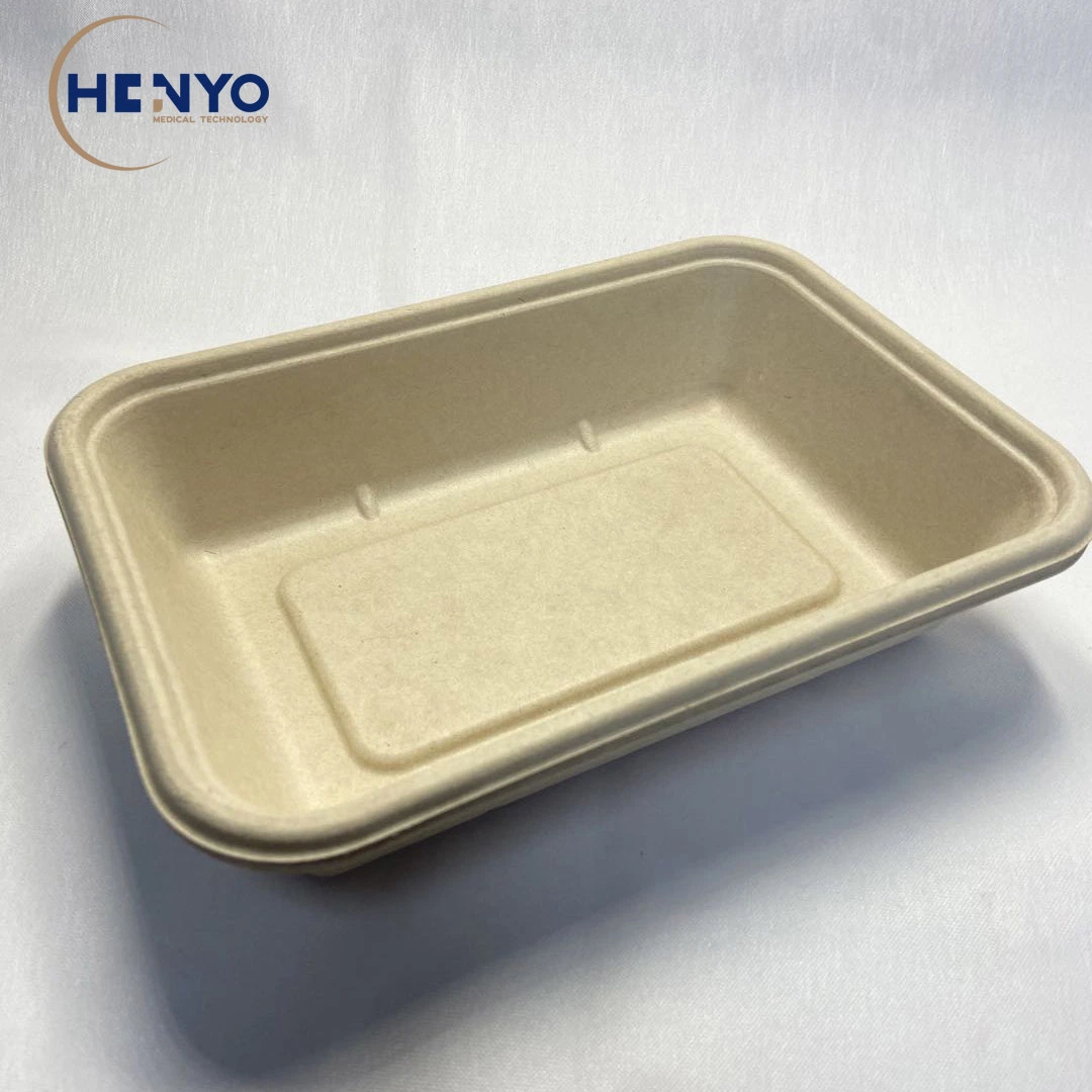 Disposable Biodegradable Bagasse Tableware 800ml Square Lunch Box Meal Box with Pet Lid