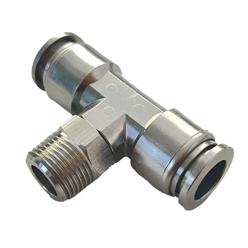 Pneumatic SS316L Air Inox 1/8'' Thread Two Hole Metal Sleeve Male Tee Push in Fittings