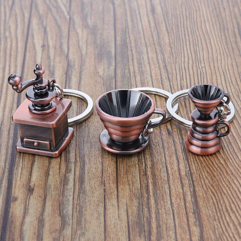 Großhandel Custom Logo 3D Blank Simulation Mini Kaffee Schlüsselkette Moka Topf Löffel Cup Utensil Charm Geschenk Legierung Metall Schlüsselanhänger