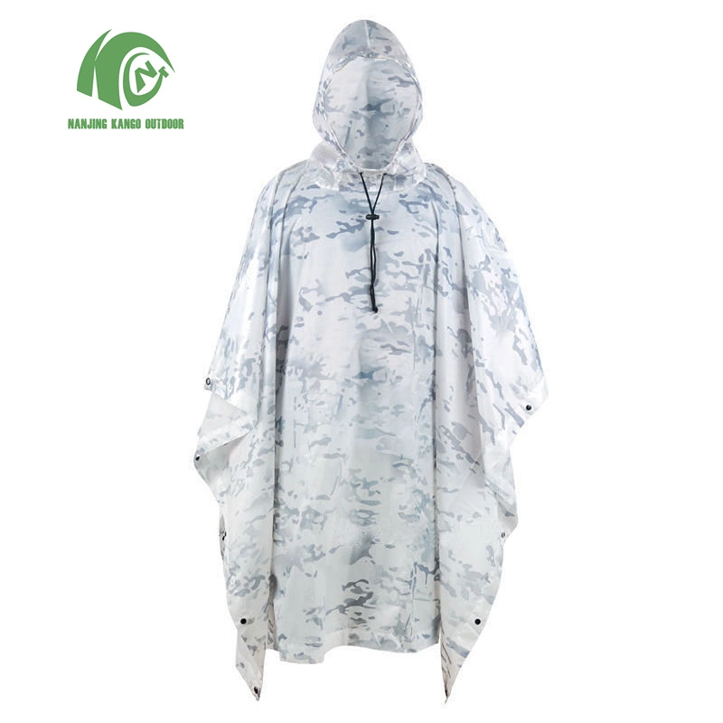 Kango Military Camouflage Portable Polyester PU Coated Raincoat Rain Poncho for Camping Hiking Hunting