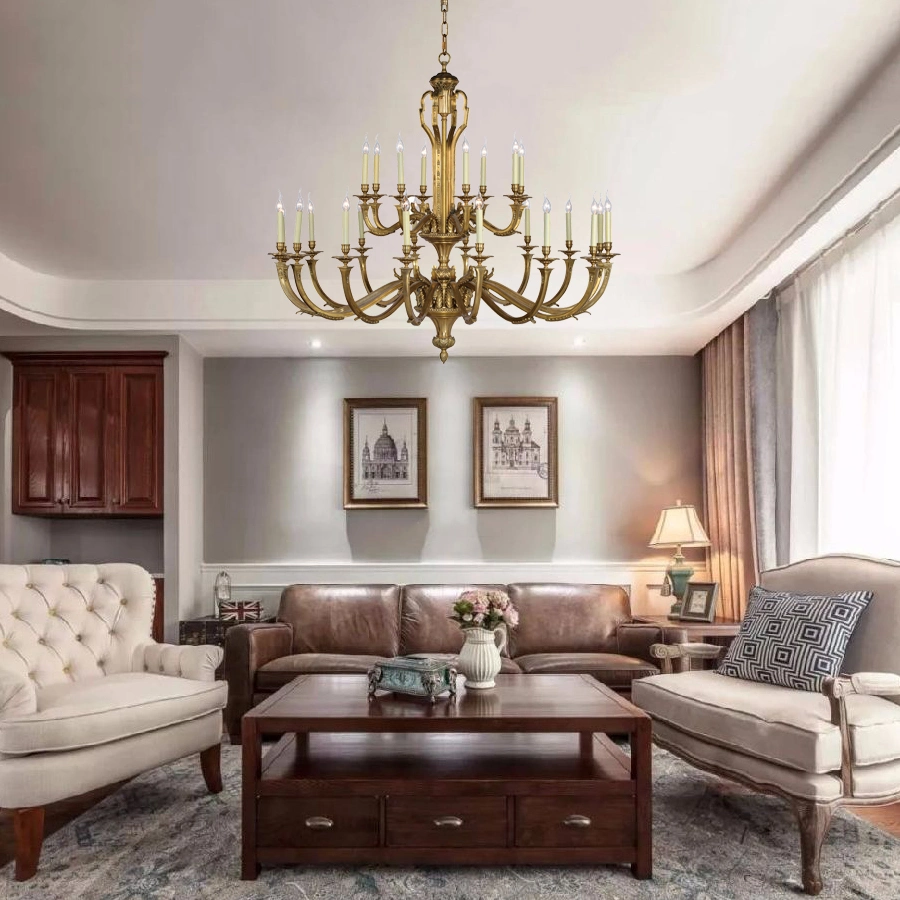 Big Luxury Style Antique Brass Chandelier Modern Hotel Large Living Room Hanging Classic 24 Metal Lights Lighting