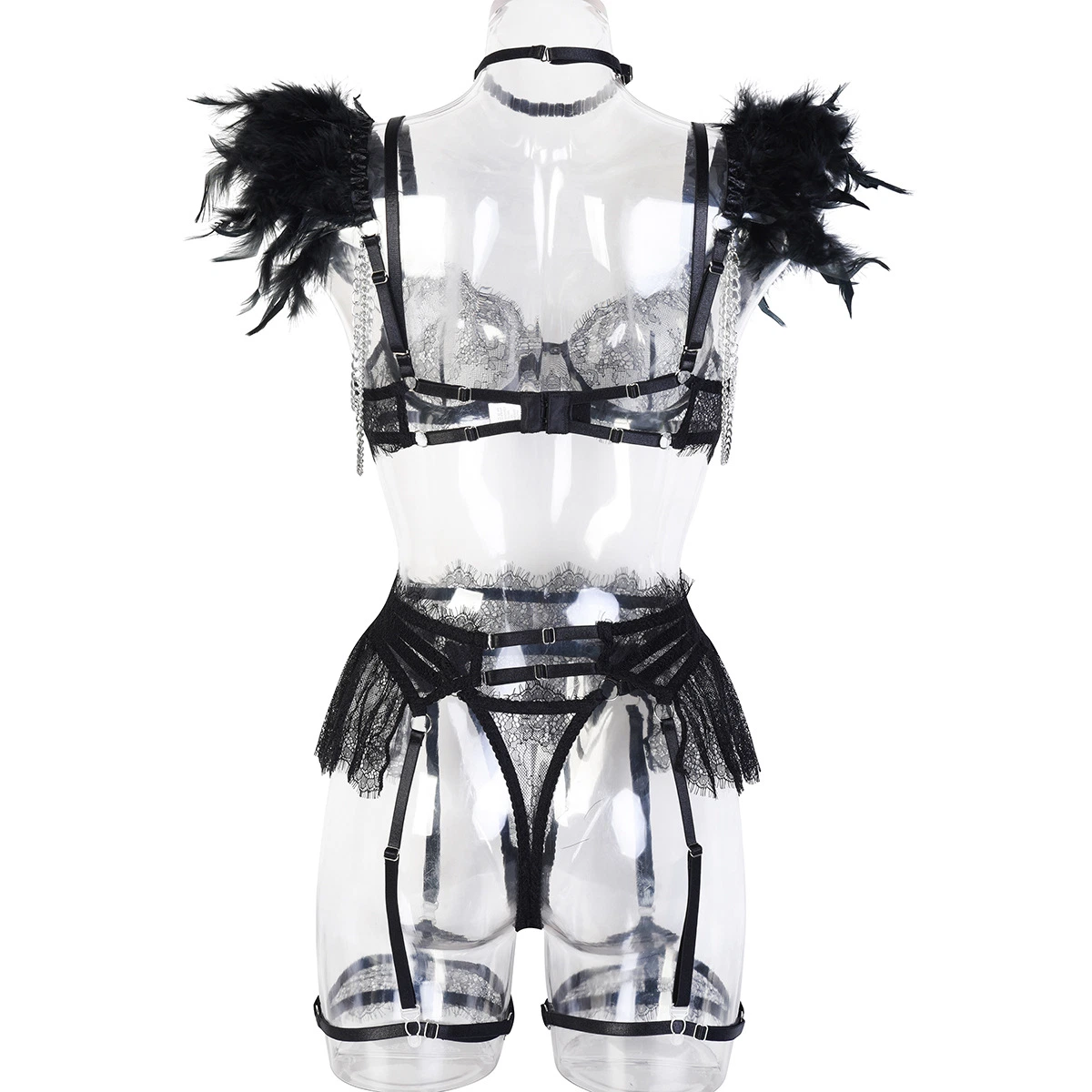 Plumas damas Cadena metálica desmontable conjuntos de lenceria sexy atuendo See-Through Borde de encaje ropa interior sexy conjunto Mq0942