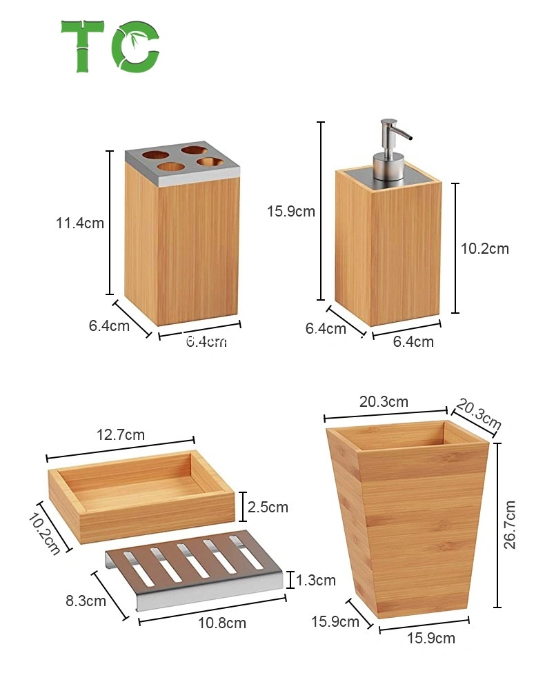 Customized Bamboo Bathroom Accessory Set 5-Piece Accessories Set, Divided Toothbrush Holder, Soap Dispenser, Soap Dish, Trash Bin, Towel Tray Accessories Set