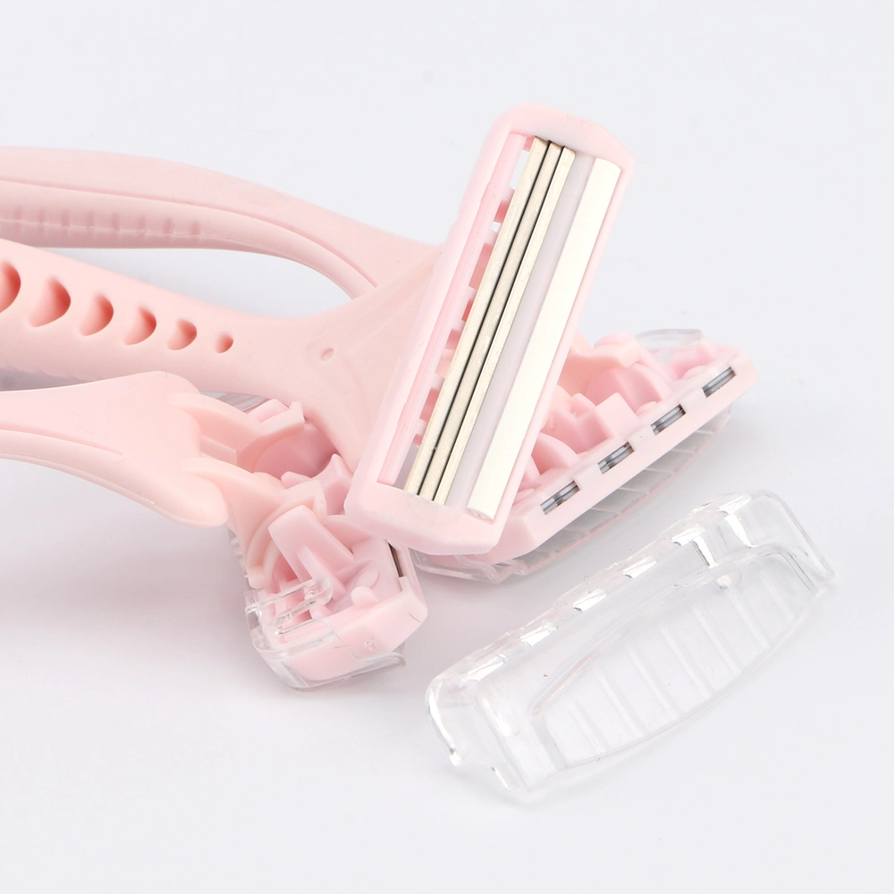 Triple Stainless Steel Blade Lubricant Strip Rubber Handle Pivoting Head Pink Color Women Razor