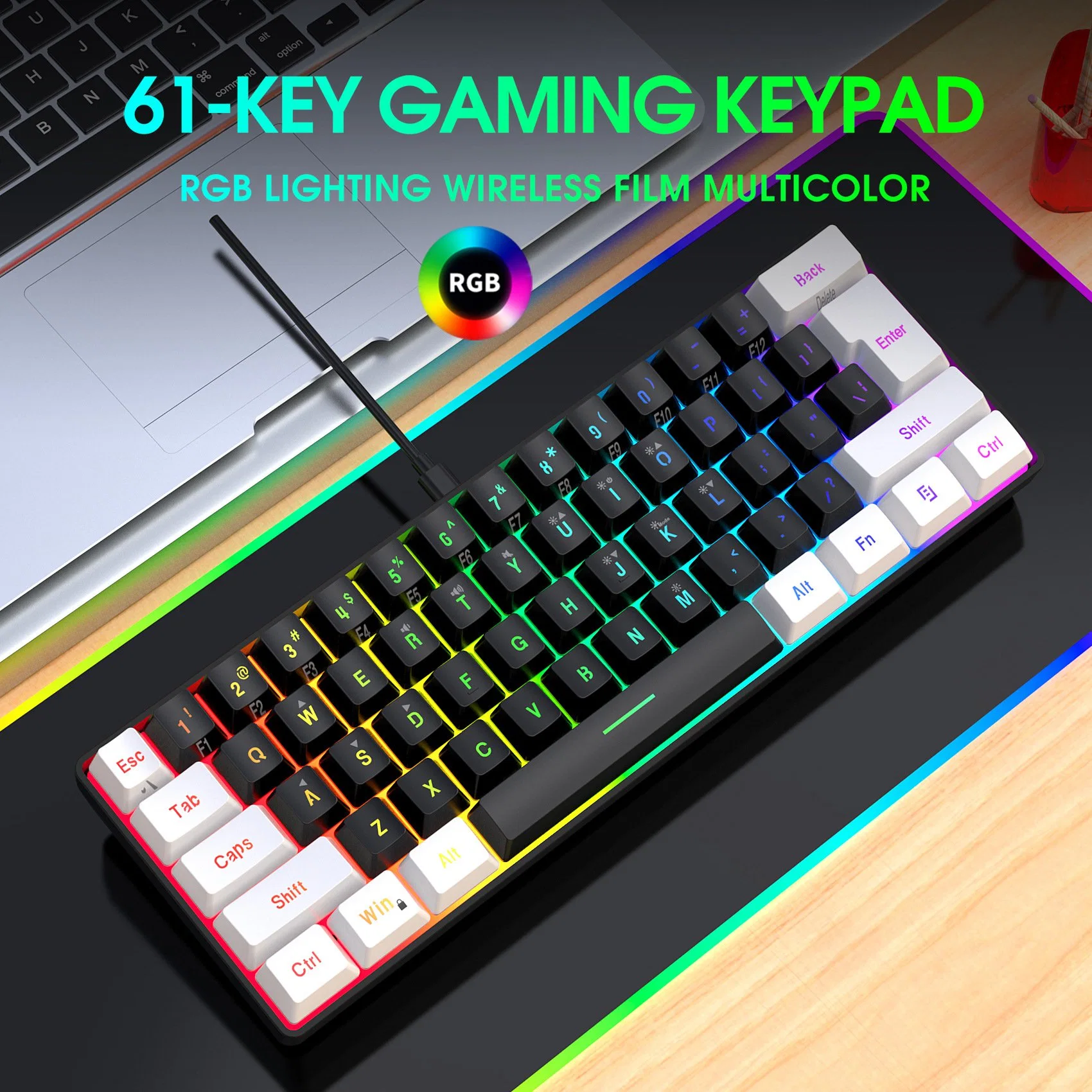 Nuevo teclado de juegos mini de 61 teclas con sensación mecánica, adecuado para computadoras portátiles y escritorios