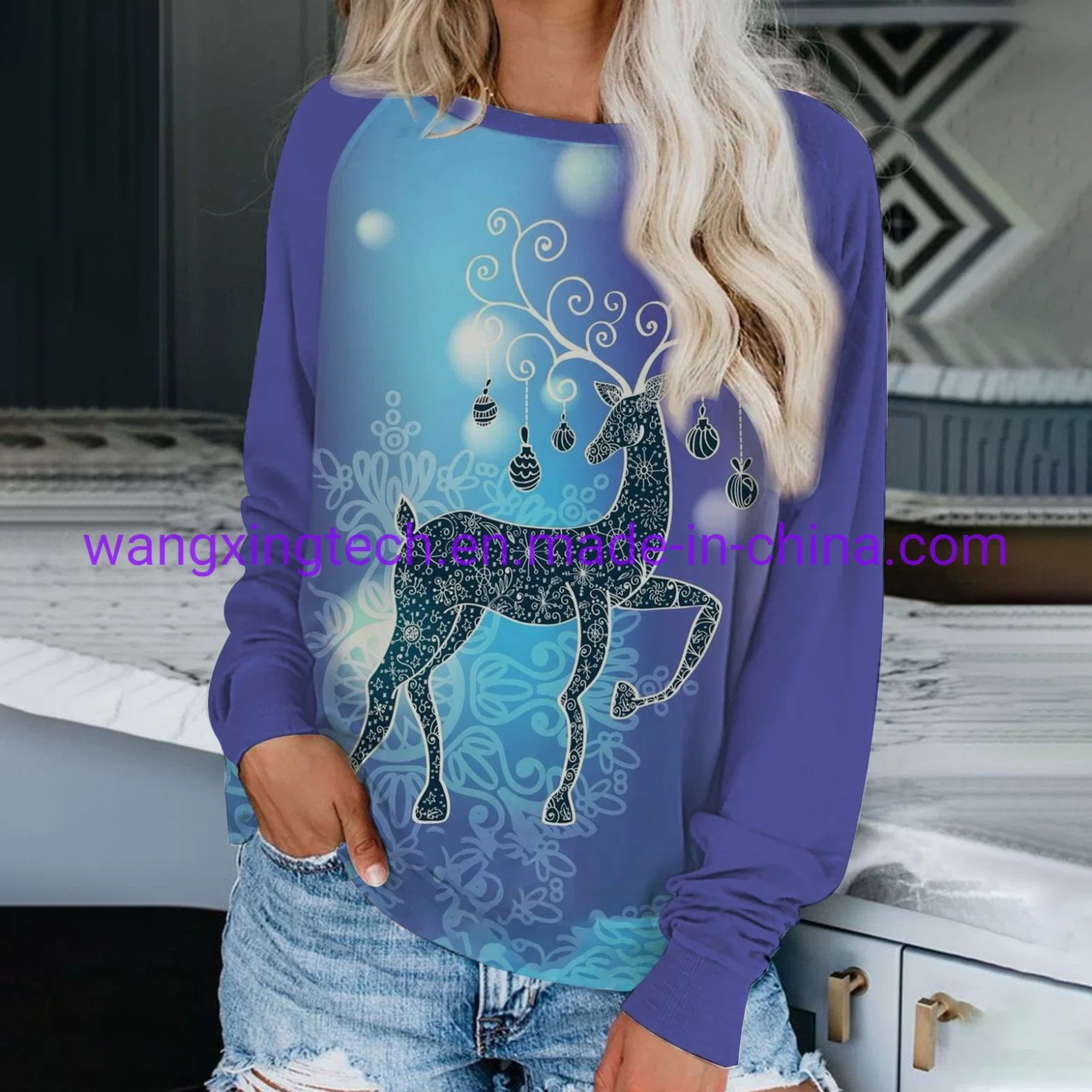 Großhandel 2022 Herbst und Winter Neue Frauen Weihnachtsjacke Druck 3D Pullover Lässiges Langarm-Shirt mit Rundhalsausschnitt