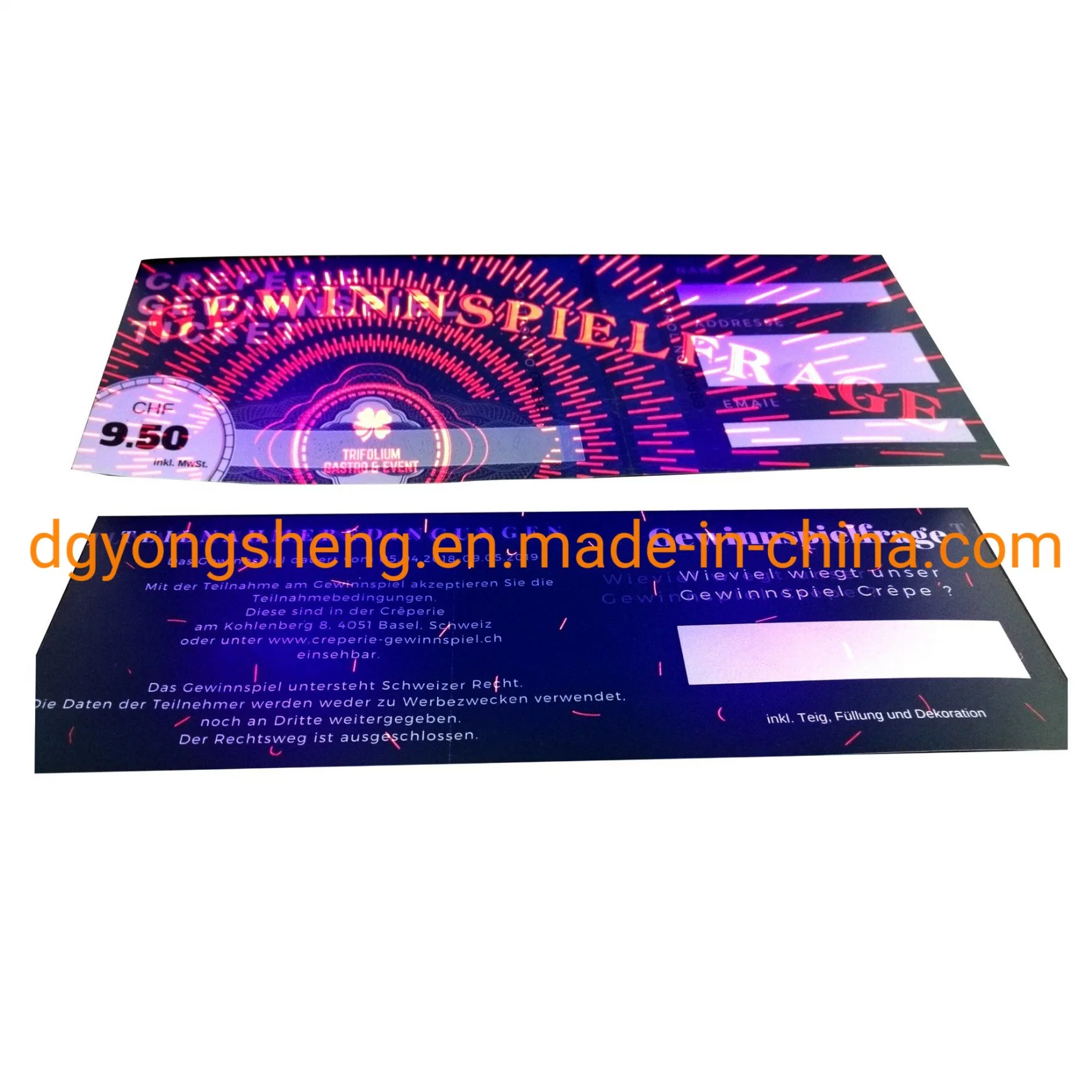 High quality/High cost performance Security Thread Paper Ticket Printing