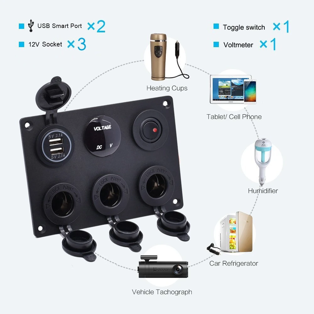 Cargador USB doble 2,1A&amp;2,1A + voltímetro LED + 3-Socket 12V encendedor adaptador de corriente + interruptor de encendido/apagado Panel multifunción