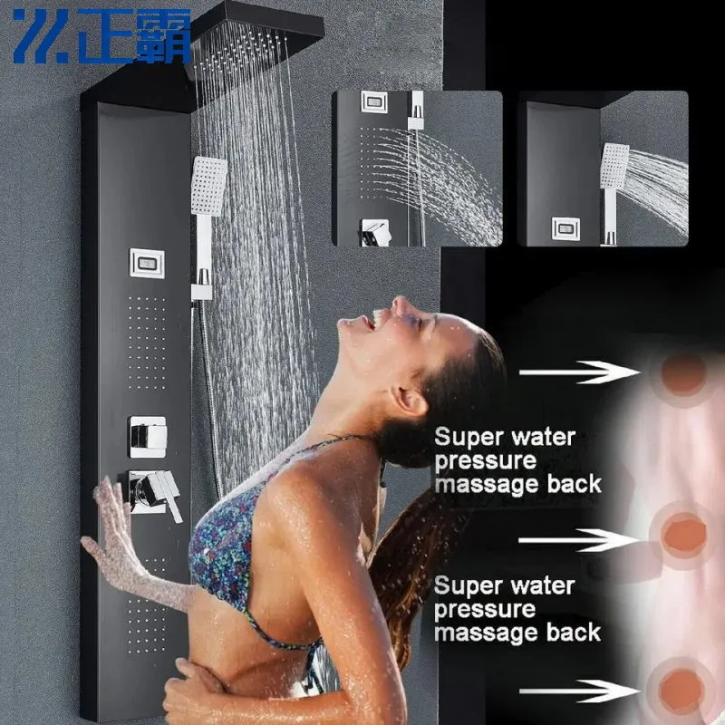 8097 Colonne de douche à poignée unique noire avec affichage LED en acier inoxydable 304 pour salle de bain.