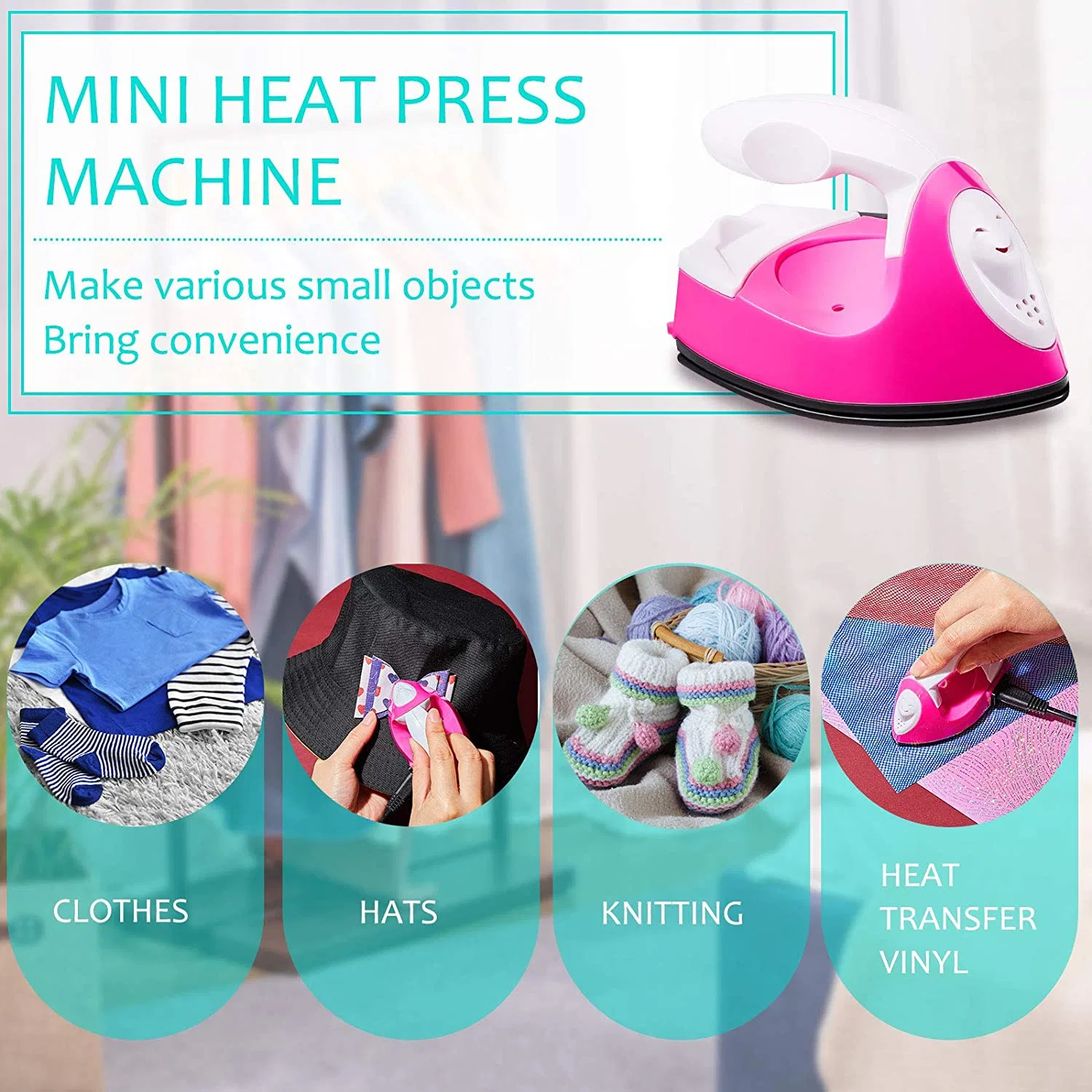 Mini-ferro, prensa de calor, Mini máquina de transferência de calor de ferro portátil com a base de carregamento Acessórios para vestuário de bricolage, T shirts, sapatos de mala e chapéus