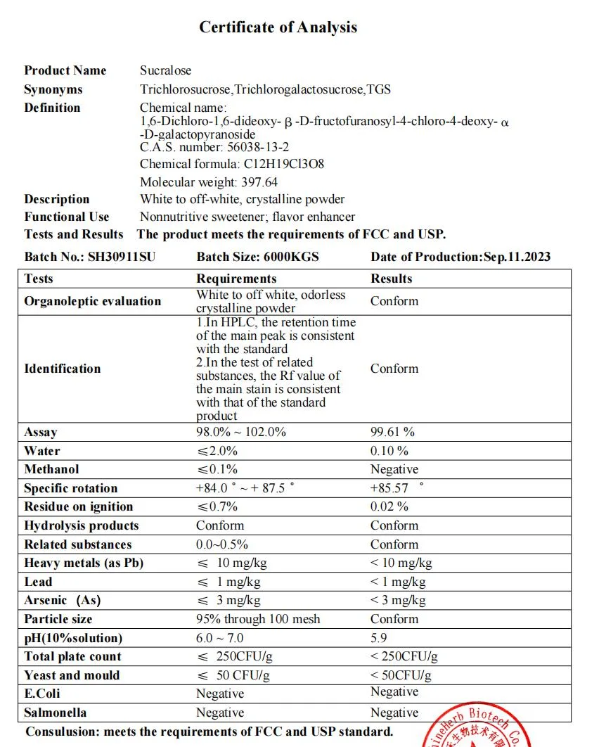 Super Sweetener Agent Food Grade 99% Sucralose Powder