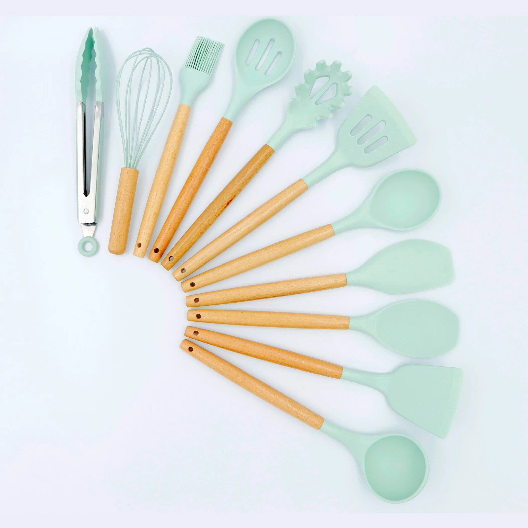 Custom Silicone Kitchenware 12 Pieces Cookware Household Kitchen Utensils Set with Wooden Handle