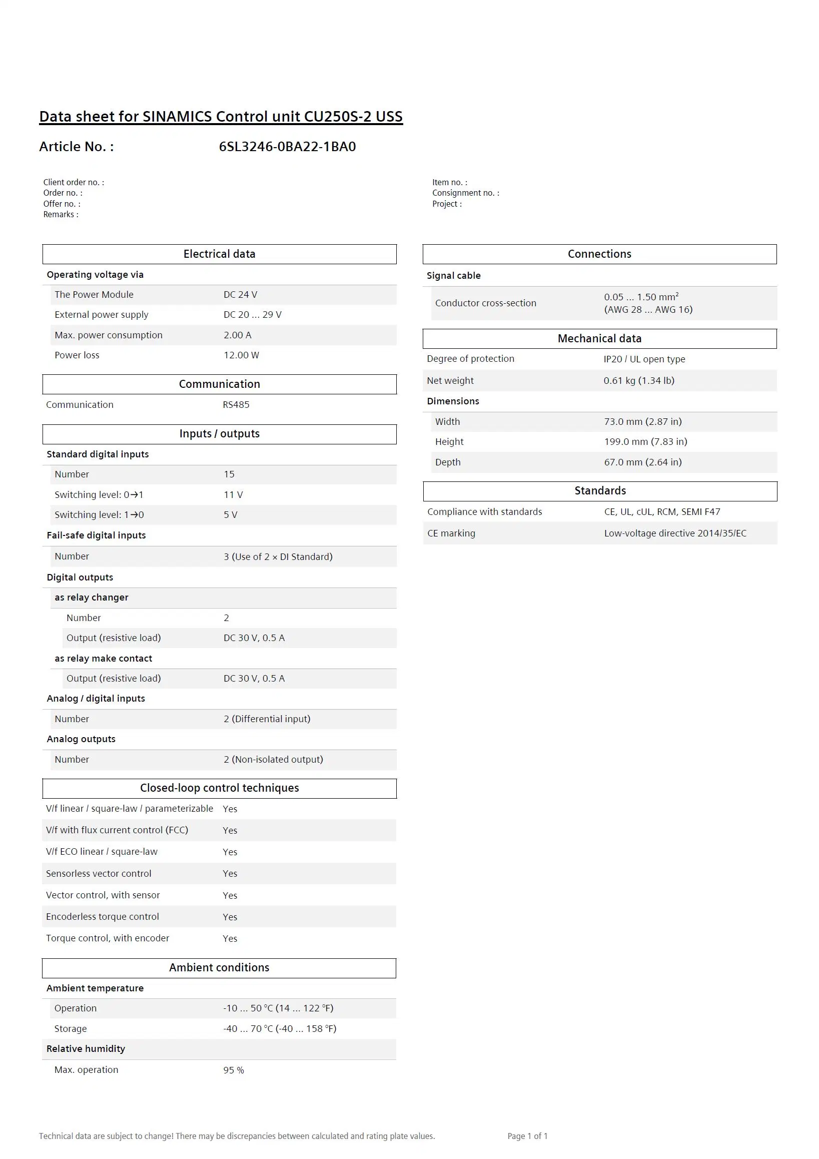 6SL3246-0ba22-1ba0 Sinamics G120 Unidad de Control Cu250s-2 accionamiento de frecuencia VFD Nuevo