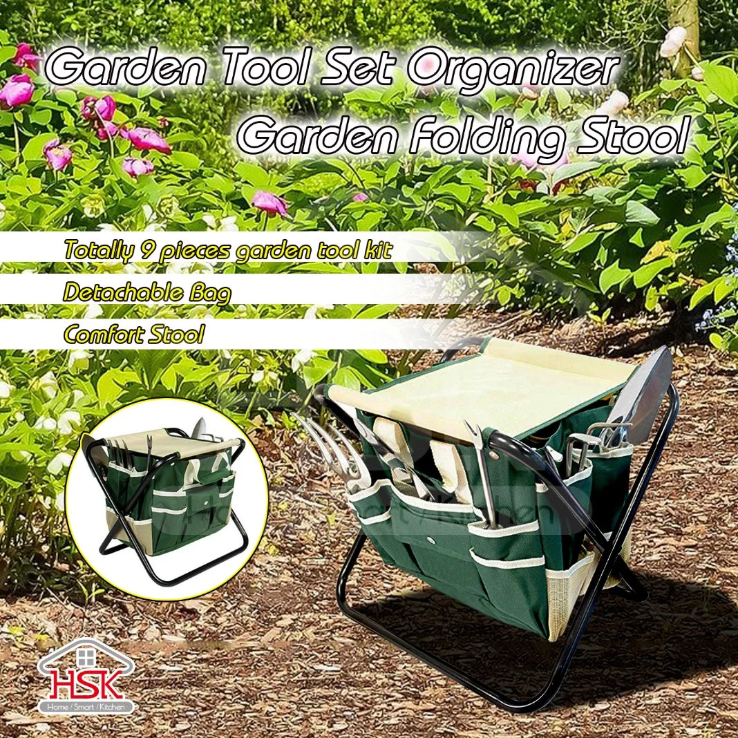 Garden Tool Set with Folding Stool and Canvas Bag