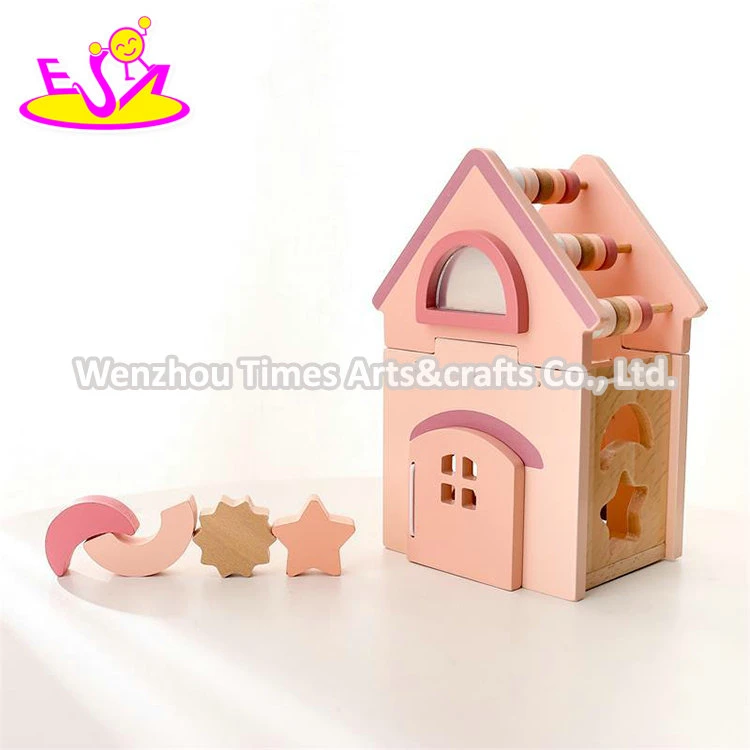 Multifunction Educational Pink House Shaped Wooden Shape Sorter Toy for Kids W12D497