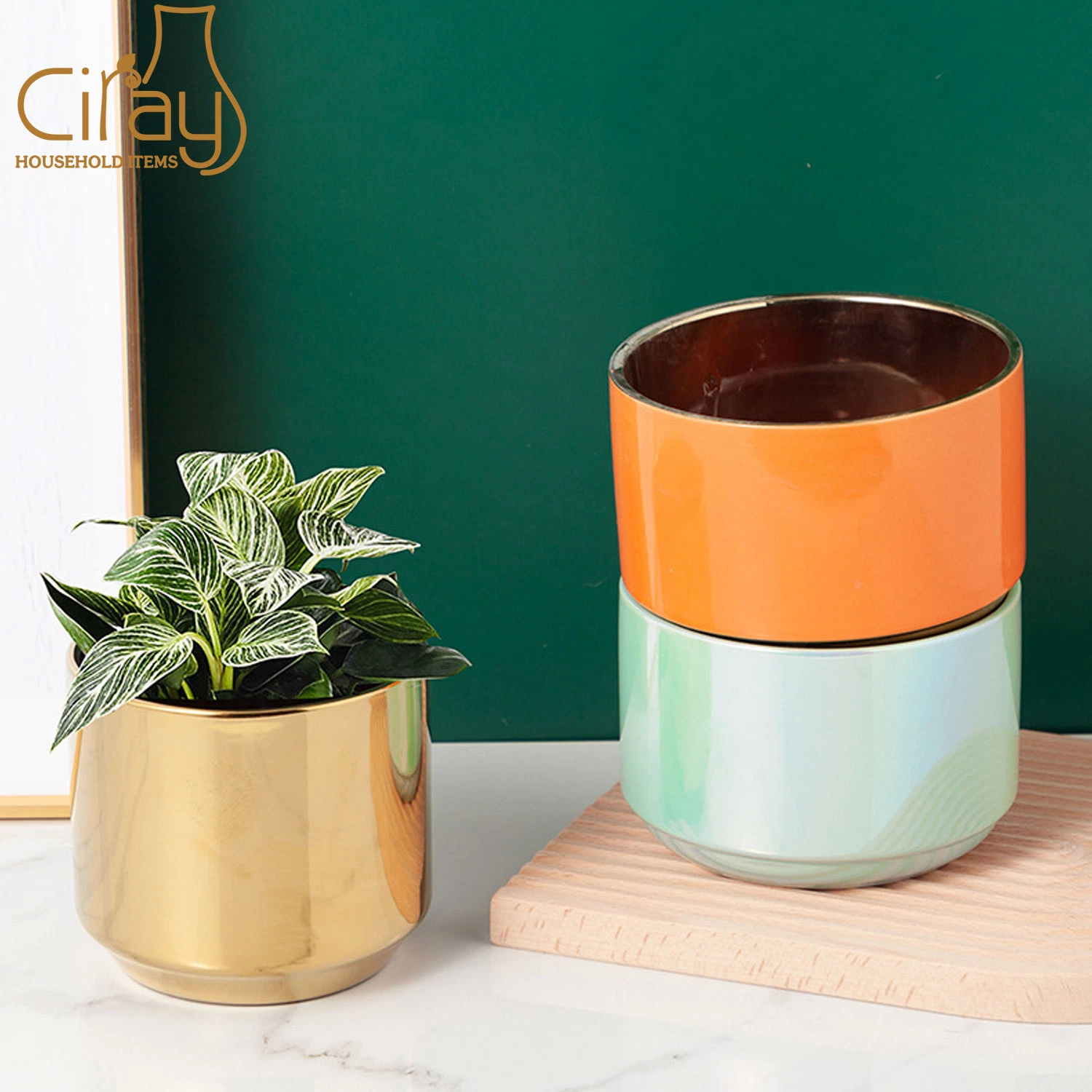 Colorful Pearlescent Plated Ceramic Flower Pot Round High-Grade Pot for Green Plants and Orchids