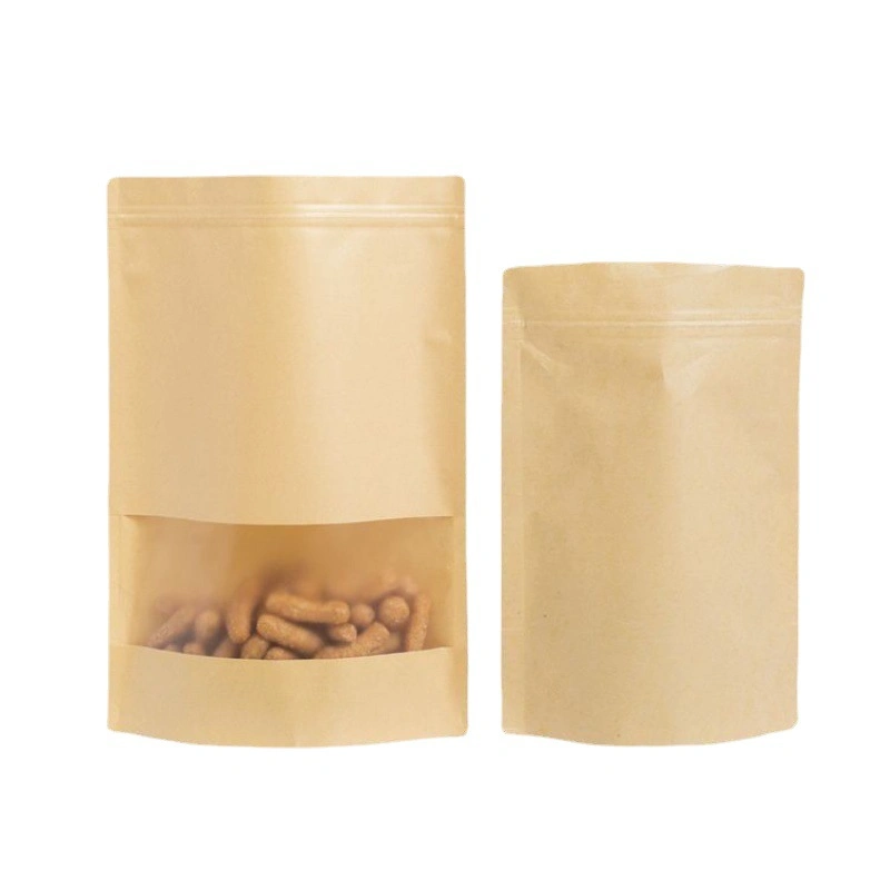 Natural Brown Kraft Paper Packaging Sealed Bags with Window, Custom Stand up Pouch