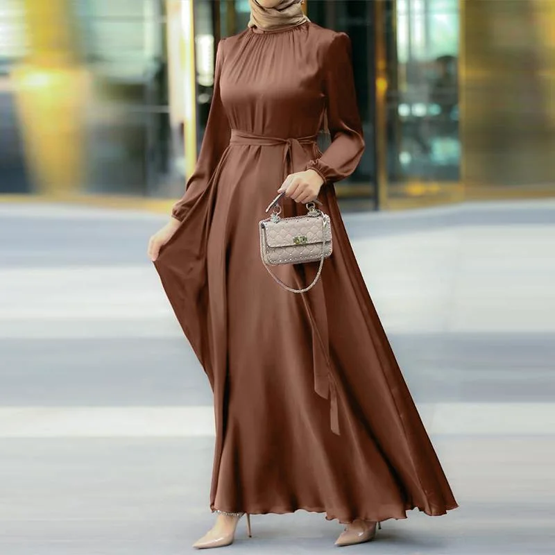 Women's Muslim Style Round Neck Long Sleeve Tie up Waist Slim Fashion Elegant Robe Loose Dress Dress